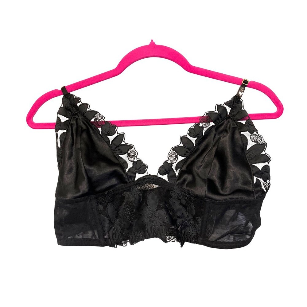 Victorias Secret Black Lace & Satin Floral Bralette XL NWT Adjustable Straps